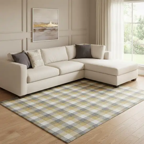 Gray Ivory And Gold Plaid Washable Area Rug With UV Protection Photo 2