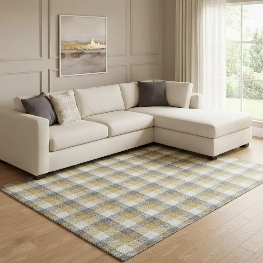 Gray Ivory And Gold Plaid Washable Area Rug With UV Protection Photo 2