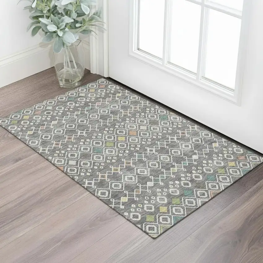 Gray Ivory And Gold Southwestern Washable Area Rug With UV Protection Photo 1