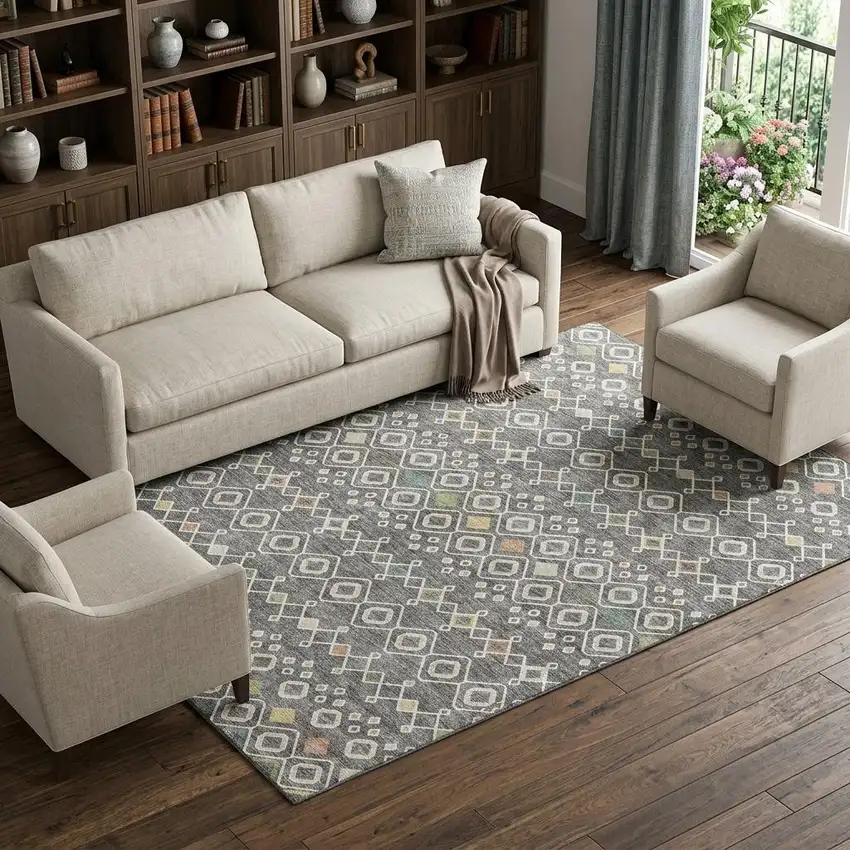 Gray Ivory And Gold Southwestern Washable Area Rug With UV Protection Photo 1