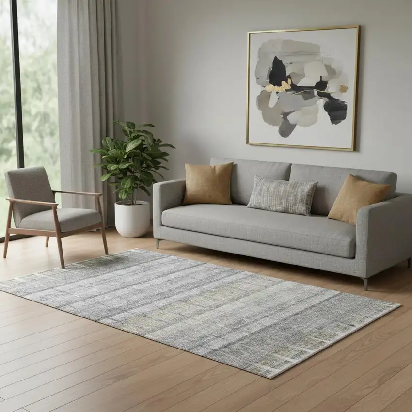 Gray Ivory And Gold Striped Washable Area Rug With UV Protection Photo 1