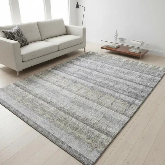 Gray Ivory And Gold Striped Washable Area Rug With UV Protection Photo 2