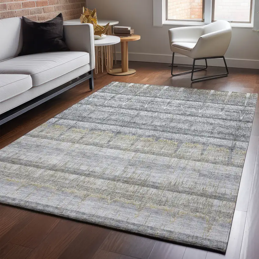 Gray Ivory And Gold Striped Washable Area Rug With UV Protection Photo 5