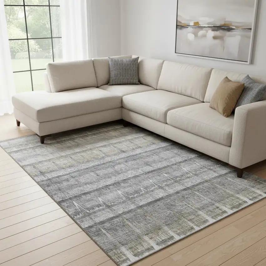 Gray Ivory And Gold Striped Washable Area Rug With UV Protection Photo 1