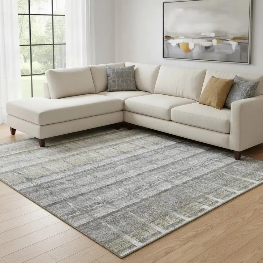 Gray Ivory And Gold Striped Washable Area Rug With UV Protection Photo 1