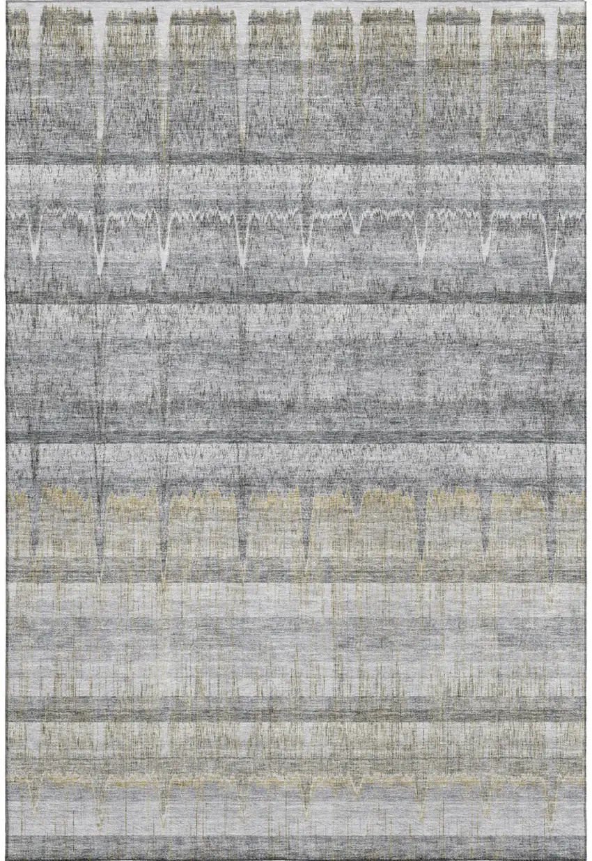 Gray Ivory And Gold Striped Washable Area Rug With UV Protection Photo 1