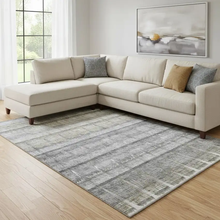 Gray Ivory And Gold Striped Washable Area Rug With UV Protection Photo 1