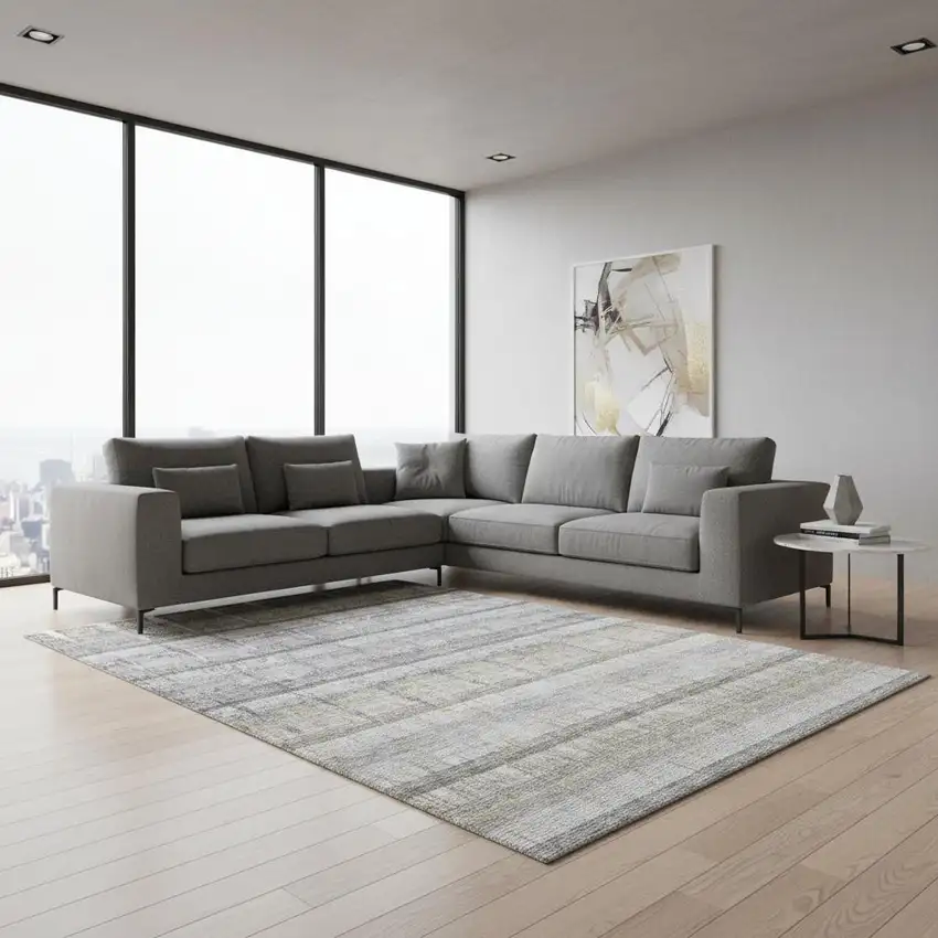 Gray Ivory And Gold Striped Washable Area Rug With UV Protection Photo 2