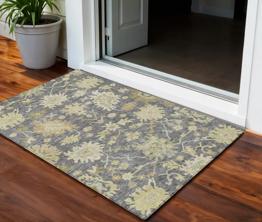 Gray Ivory And Green Floral Washable Indoor Outdoor Area Rug Photo 1