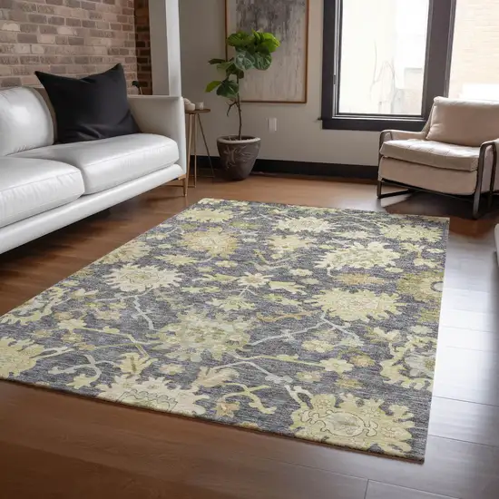 Gray Ivory And Green Floral Washable Indoor Outdoor Area Rug Photo 9