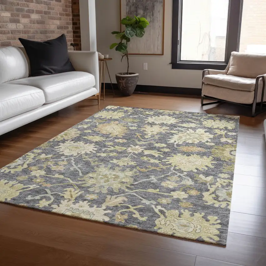 Gray Ivory And Green Floral Washable Indoor Outdoor Area Rug Photo 9