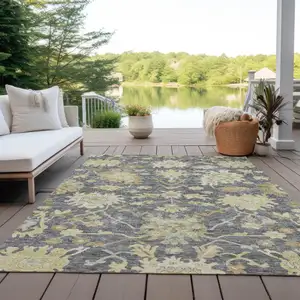 Photo of Gray Ivory And Green Floral Washable Indoor Outdoor Area Rug