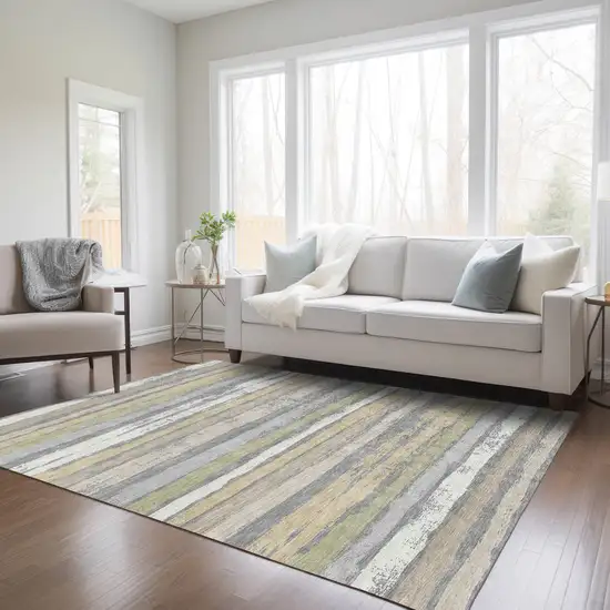 Gray Ivory And Green Striped Washable Indoor Outdoor Area Rug Photo 9