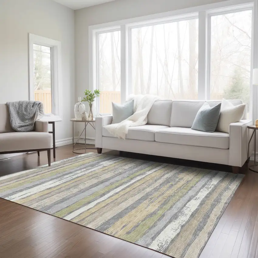 Gray Ivory And Green Striped Washable Indoor Outdoor Area Rug Photo 9