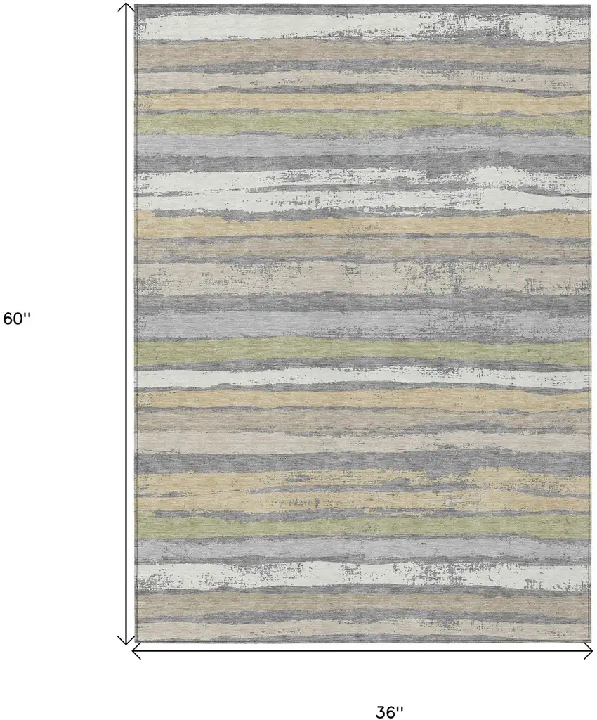 Gray Ivory And Green Striped Washable Indoor Outdoor Area Rug Photo 3