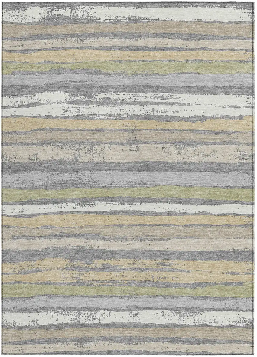 Gray Ivory And Green Striped Washable Indoor Outdoor Area Rug Photo 6