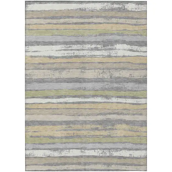 Gray Ivory And Green Striped Washable Indoor Outdoor Area Rug Photo 2