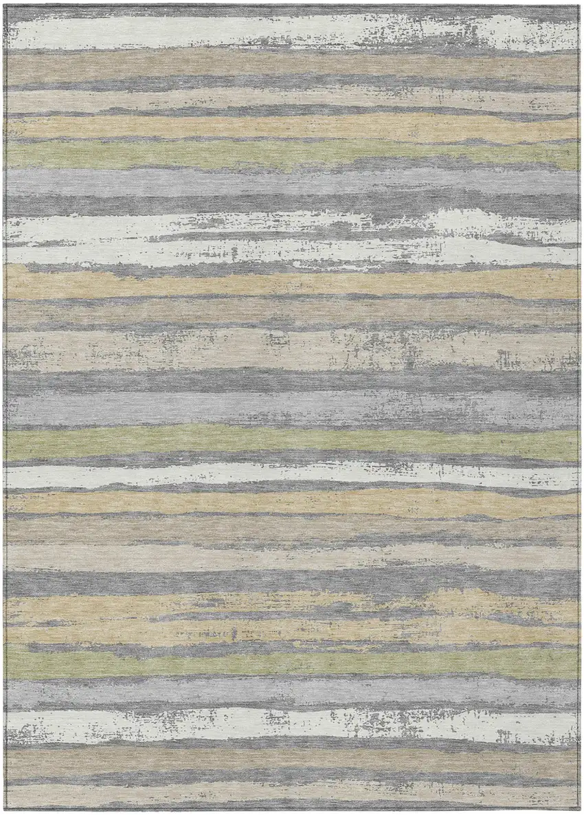 Gray Ivory And Green Striped Washable Indoor Outdoor Area Rug Photo 2
