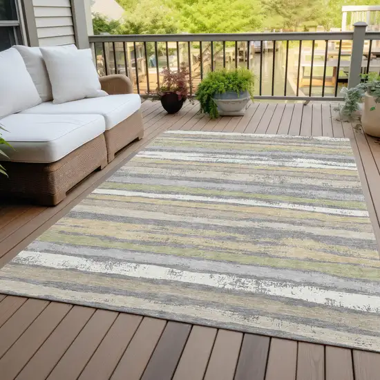 Gray Ivory And Green Striped Washable Indoor Outdoor Area Rug Photo 7