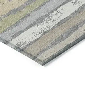 Photo of Gray Ivory And Green Striped Washable Indoor Outdoor Area Rug