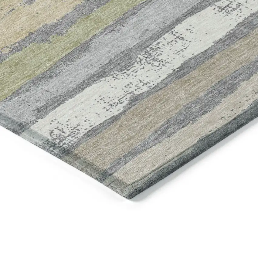 Gray Ivory And Green Striped Washable Indoor Outdoor Area Rug Photo 4