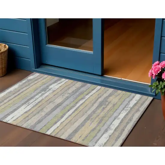 Gray Ivory And Green Striped Washable Indoor Outdoor Area Rug Photo 1
