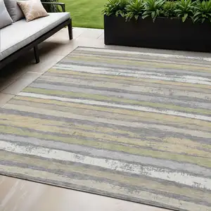 Photo of Gray Ivory And Green Striped Washable Indoor Outdoor Area Rug