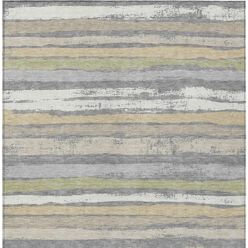 Gray Ivory And Green Striped Washable Indoor Outdoor Area Rug Photo 6