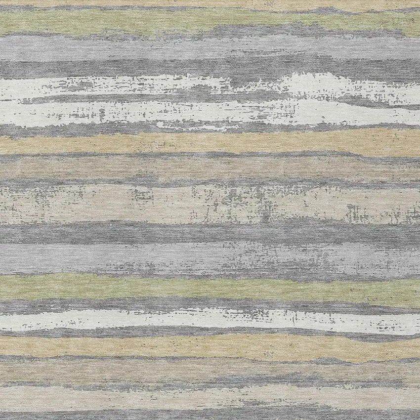 Gray Ivory And Green Striped Washable Indoor Outdoor Area Rug Photo 5