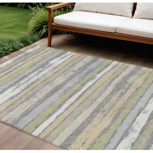 Photo of Gray Ivory And Green Striped Washable Indoor Outdoor Area Rug