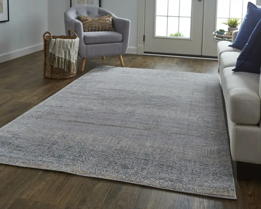 Gray Ivory And Orange Geometric Power Loom Distressed Stain Resistant Area Rug Photo 7