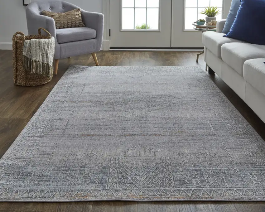 Gray Ivory And Orange Geometric Power Loom Distressed Stain Resistant Area Rug Photo 6