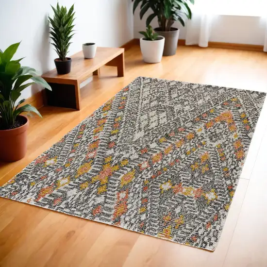 Gray Ivory And Orange Wool Geometric Tufted Handmade Area Rug Photo 1