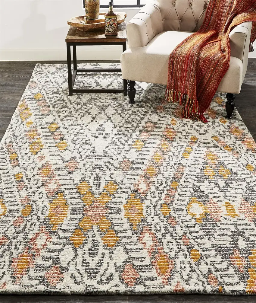 Gray Ivory And Orange Wool Geometric Tufted Handmade Area Rug Photo 8