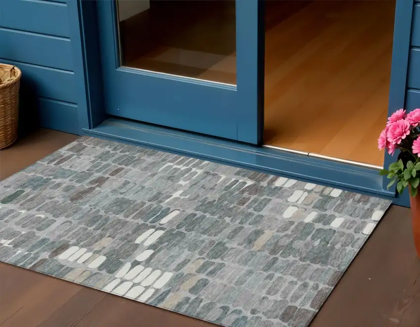 Gray Ivory And Pewter Abstract Washable Indoor Outdoor Area Rug Photo 1