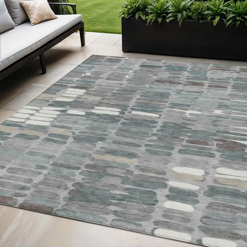 Gray Ivory And Pewter Abstract Washable Indoor Outdoor Area Rug Photo 1