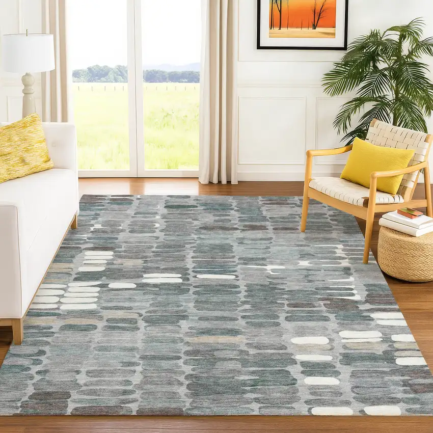 Gray Ivory And Pewter Abstract Washable Indoor Outdoor Area Rug Photo 9
