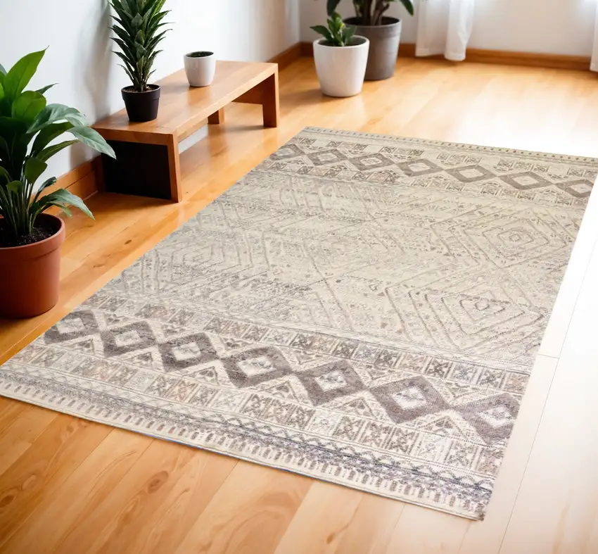 Gray Ivory And Pink Geometric Hand Knotted Area Rug Photo 1