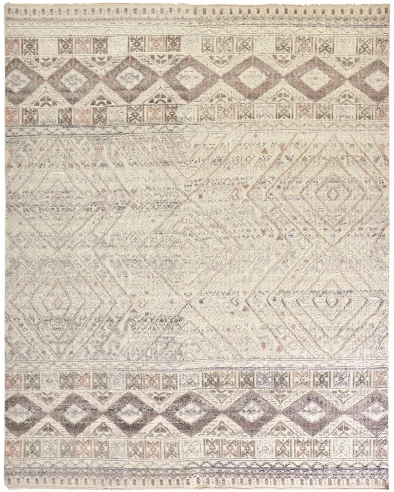 Gray Ivory And Pink Geometric Hand Knotted Area Rug Photo 2