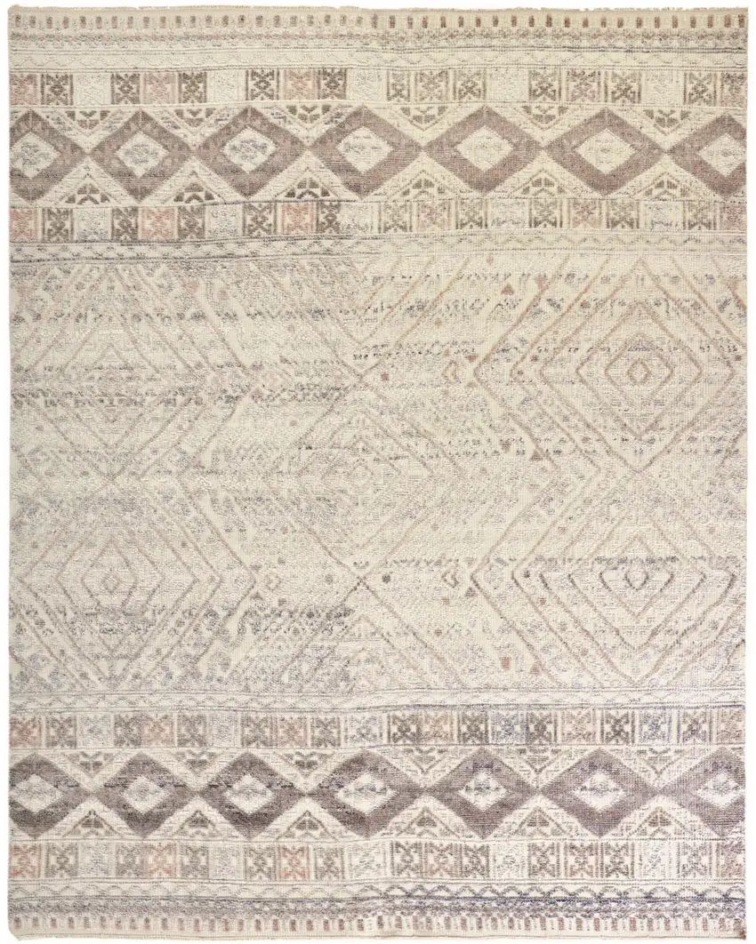 Gray Ivory And Pink Geometric Hand Knotted Area Rug Photo 2