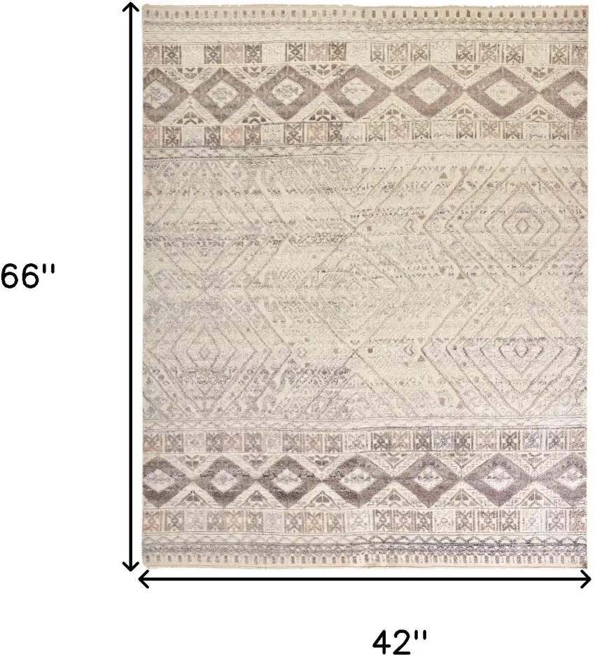 Gray Ivory And Pink Geometric Hand Knotted Area Rug Photo 3