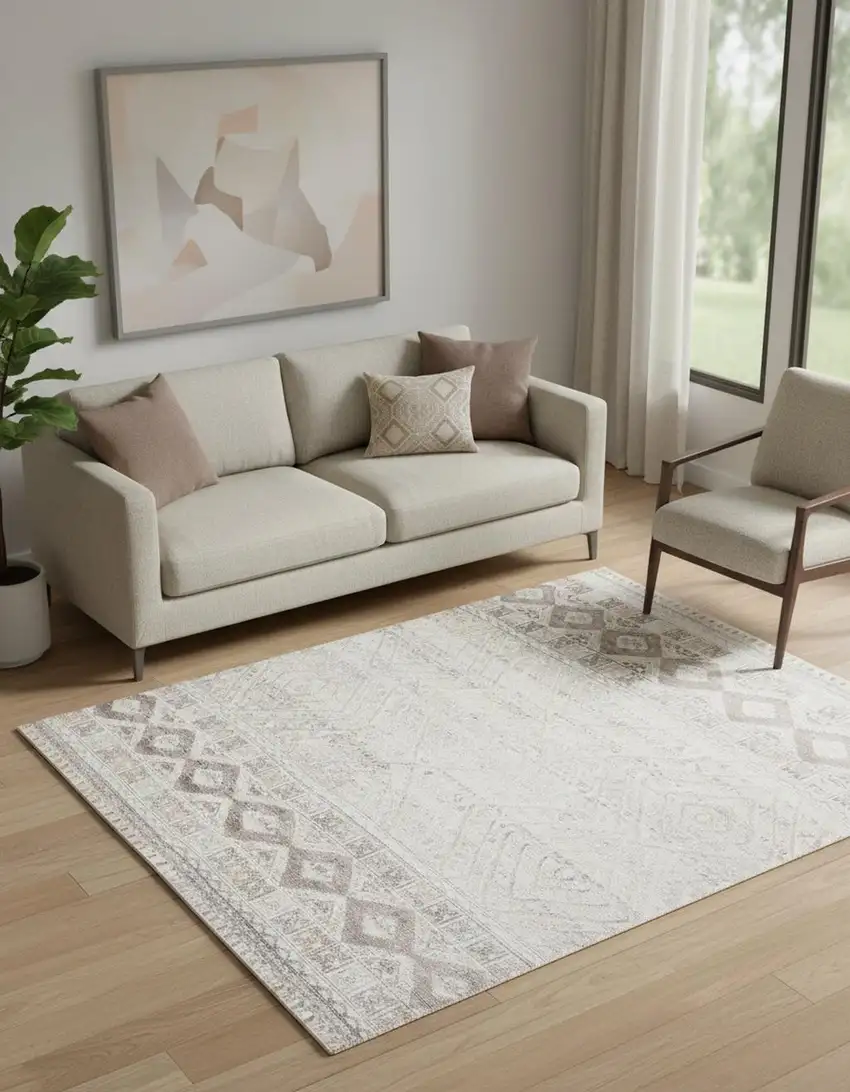 Gray Ivory And Pink Geometric Hand Knotted Area Rug Photo 1