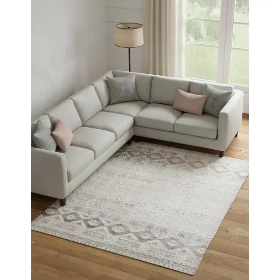 Gray Ivory And Pink Geometric Hand Knotted Area Rug Photo 1