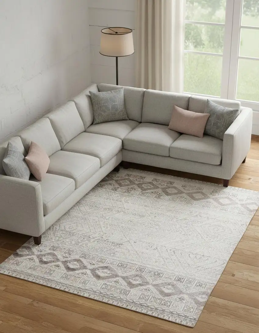 Gray Ivory And Pink Geometric Hand Knotted Area Rug Photo 1