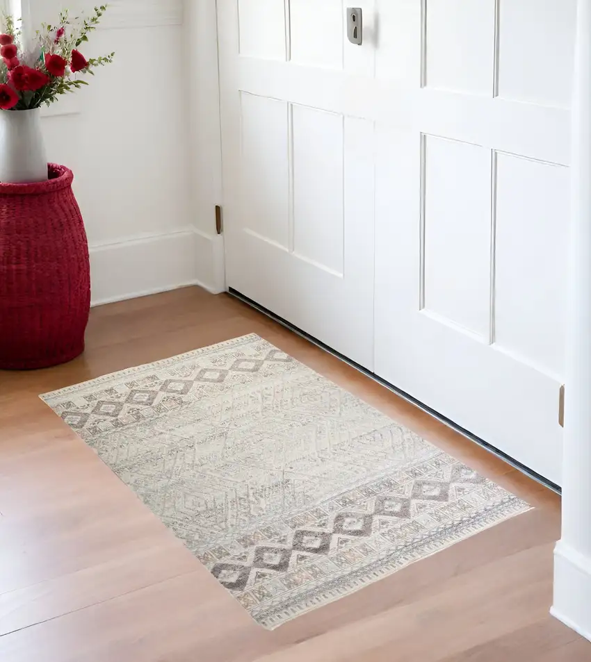 Gray and Ivory Geometric Hand Knotted Area Rug Photo 1