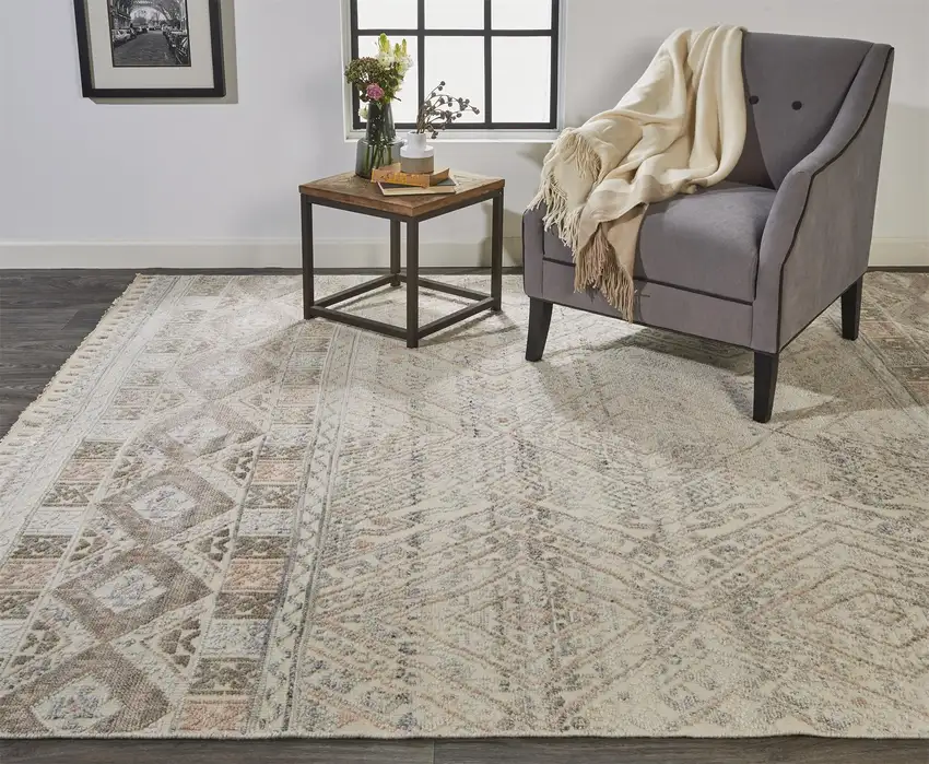 Gray Ivory And Pink Geometric Hand Knotted Area Rug Photo 7