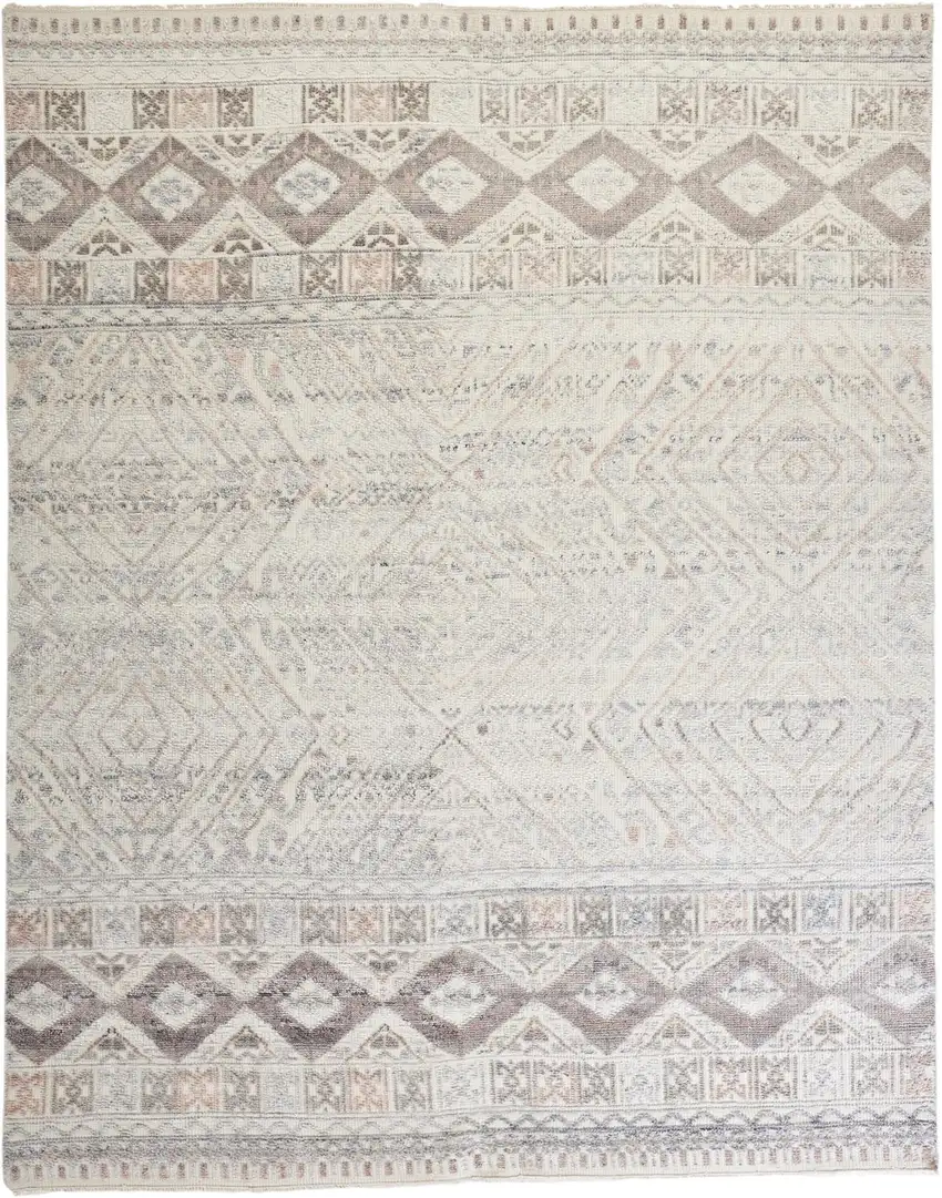 Gray Ivory And Pink Geometric Hand Knotted Area Rug Photo 1