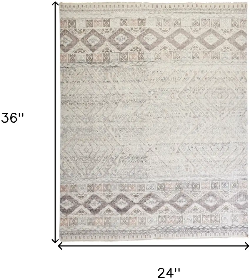 Gray Ivory And Pink Geometric Hand Knotted Area Rug Photo 8
