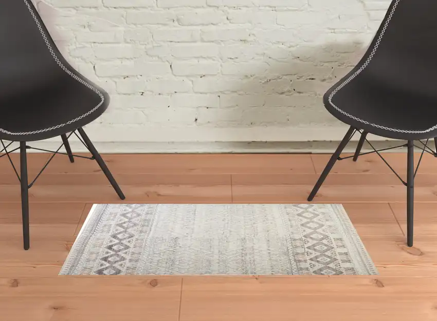 Gray Ivory And Pink Geometric Hand Knotted Area Rug Photo 2