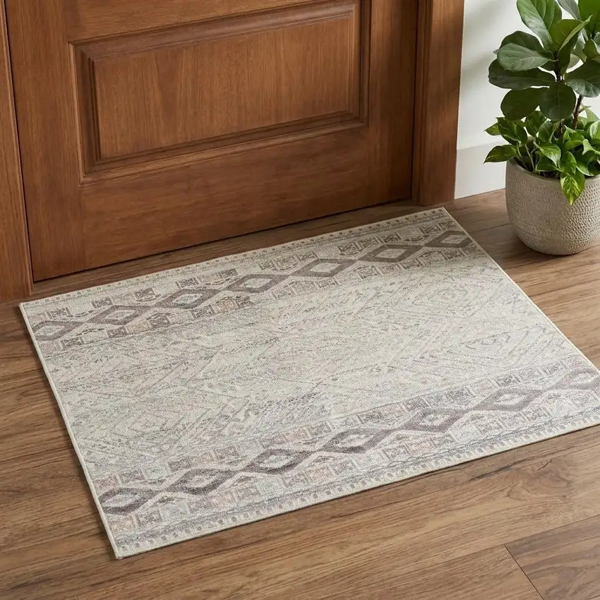 Gray and Ivory Geometric Hand Knotted Area Rug Photo 1